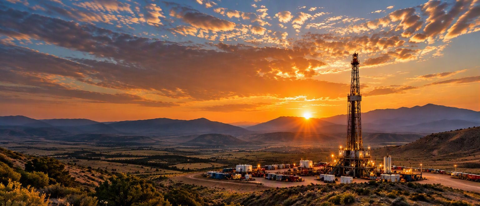 Drilling rig in a mountain landscape at sunset